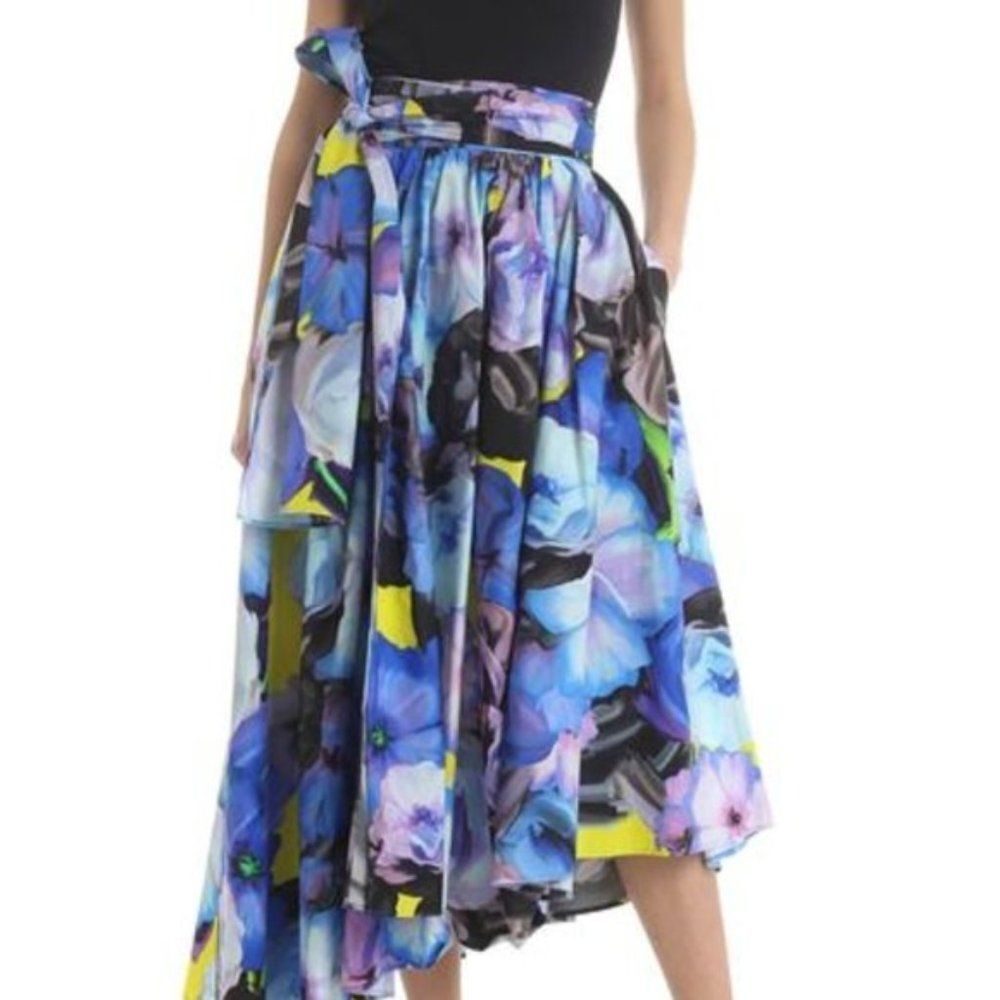 MSGM FLORAL PLEATED SKIRT WITH BOW IN SHADES OF BLUE - Picture 2 of 8